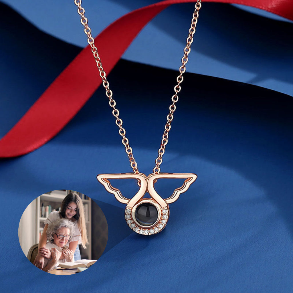 personalized photo necklace with angel wing pendant