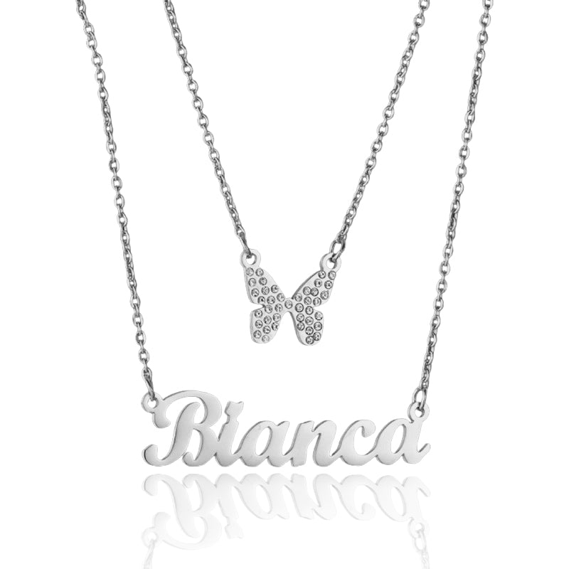 DOUBLE CHAIN NAME NECKLACE WITH BUTTERFLY